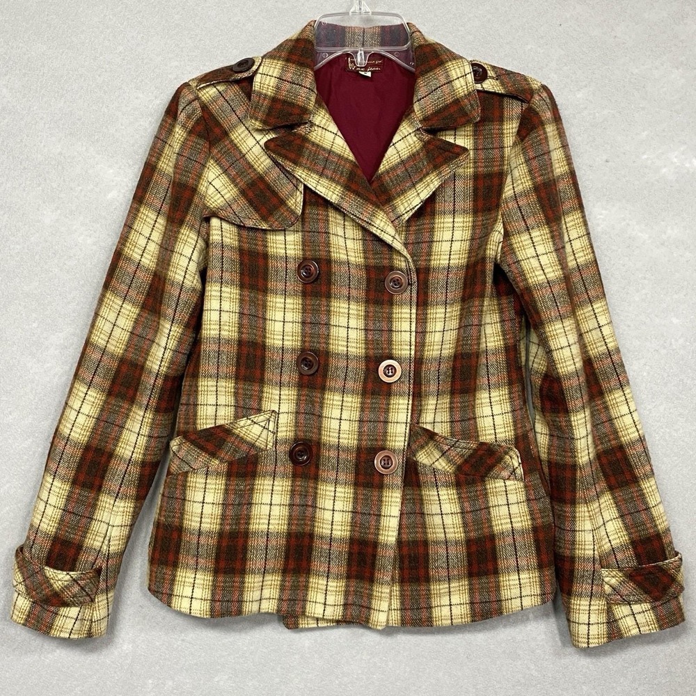 Wax Jean Women Small Plaid Jacket Brown Academia Y2K Vintage Wool Blend